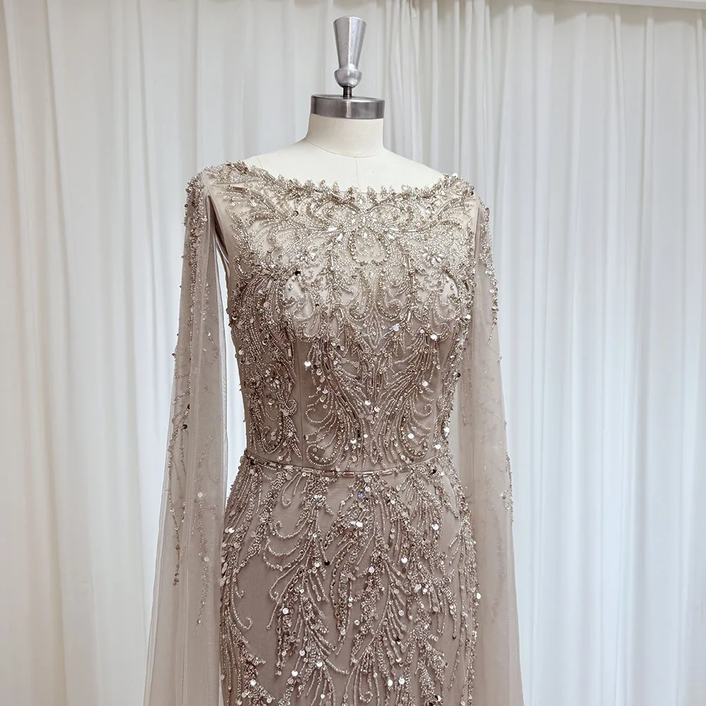 Eshaut&bridal Luxury Mermaid Evening Dress with Cape Sleeves for Women Elegant Beaded Formal Prom Wedding Party Gowns Customized