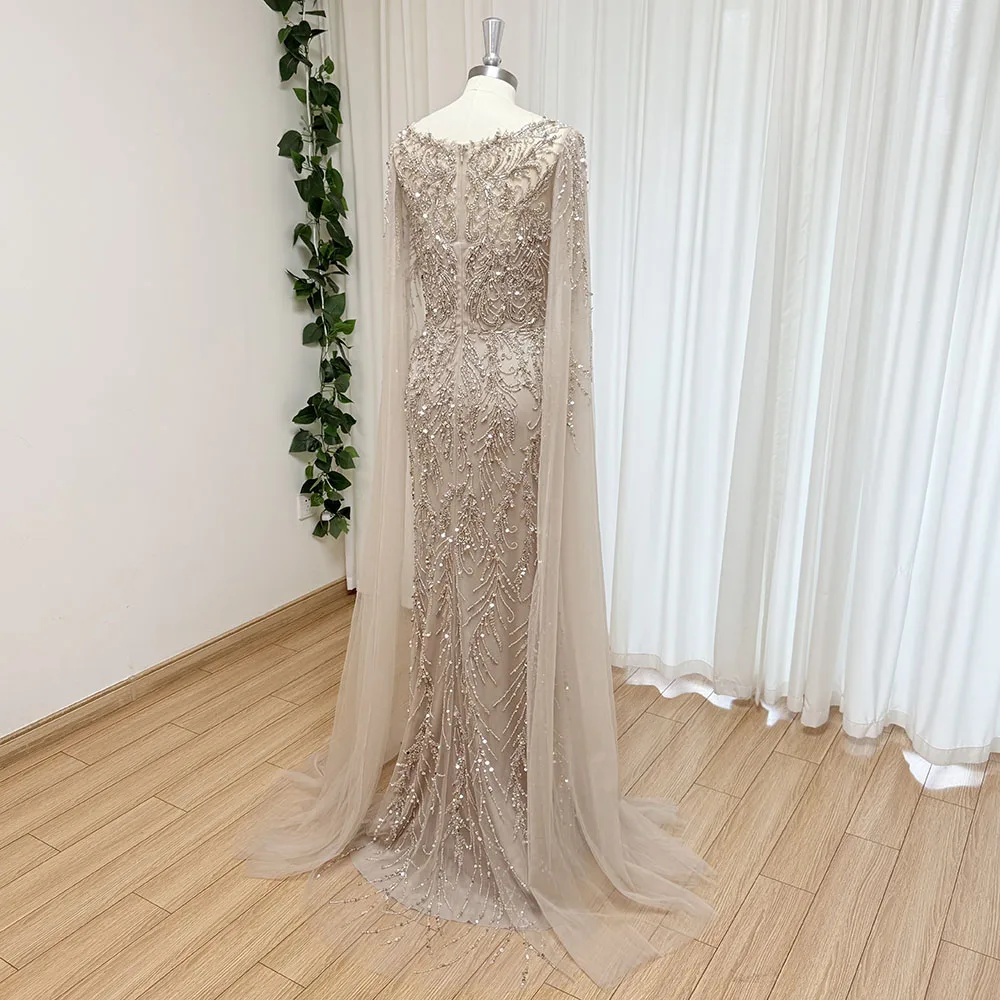 Eshaut&bridal Luxury Mermaid Evening Dress with Cape Sleeves for Women Elegant Beaded Formal Prom Wedding Party Gowns Customized