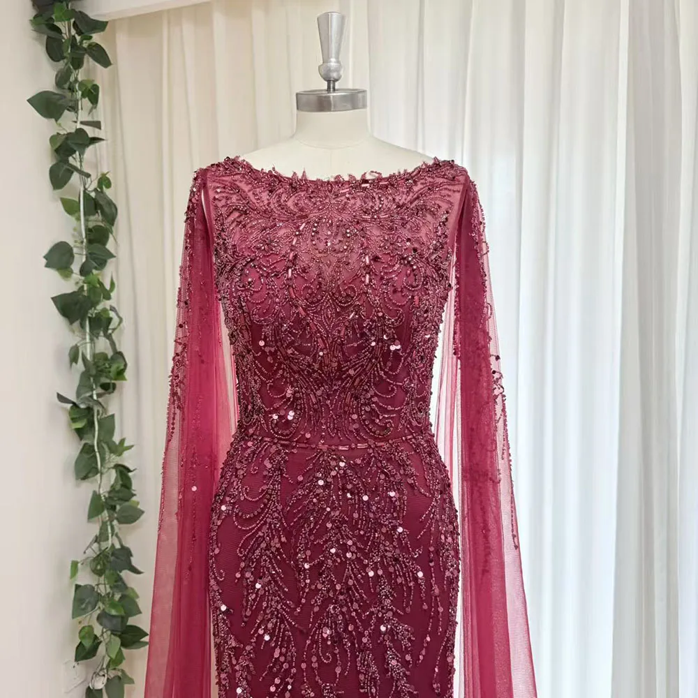 Eshaut&bridal Luxury Mermaid Evening Dress with Cape Sleeves for Women Elegant Beaded Formal Prom Wedding Party Gowns Customized