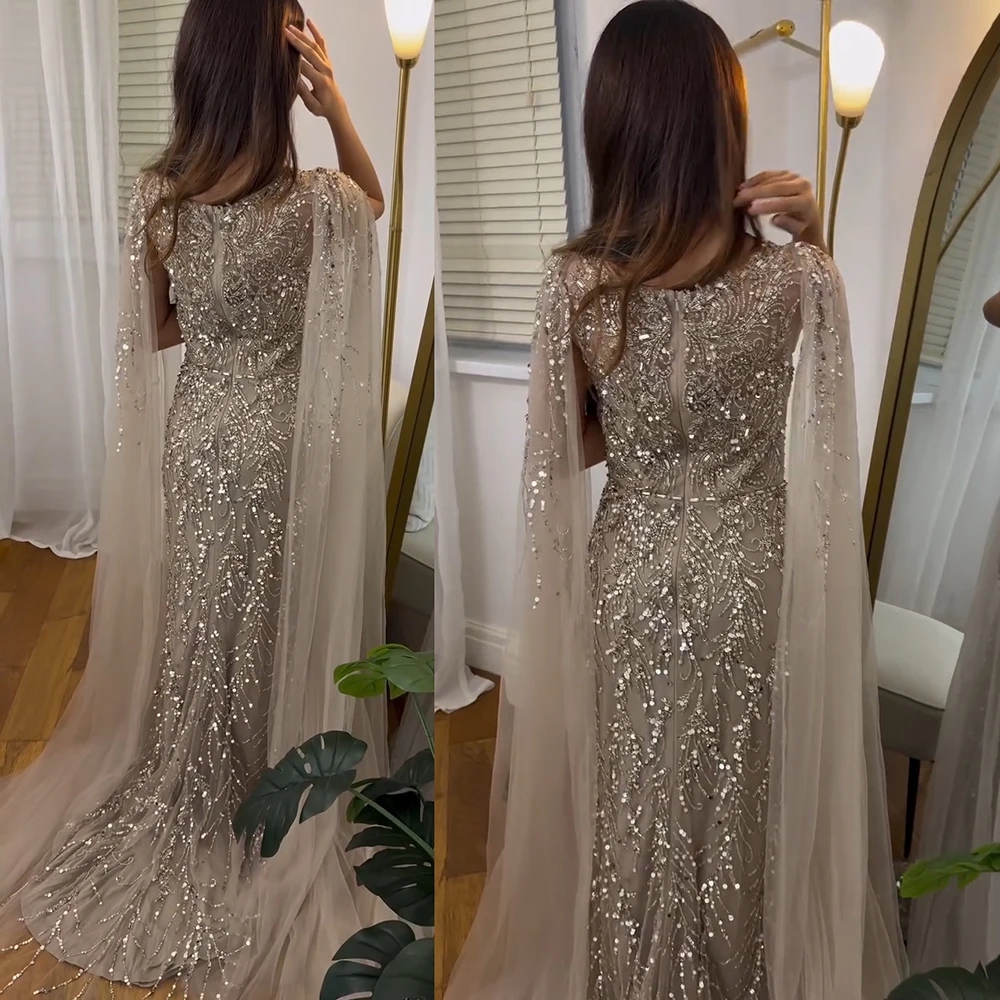 Eshaut&bridal Luxury Mermaid Evening Dress with Cape Sleeves for Women Elegant Beaded Formal Prom Wedding Party Gowns Customized