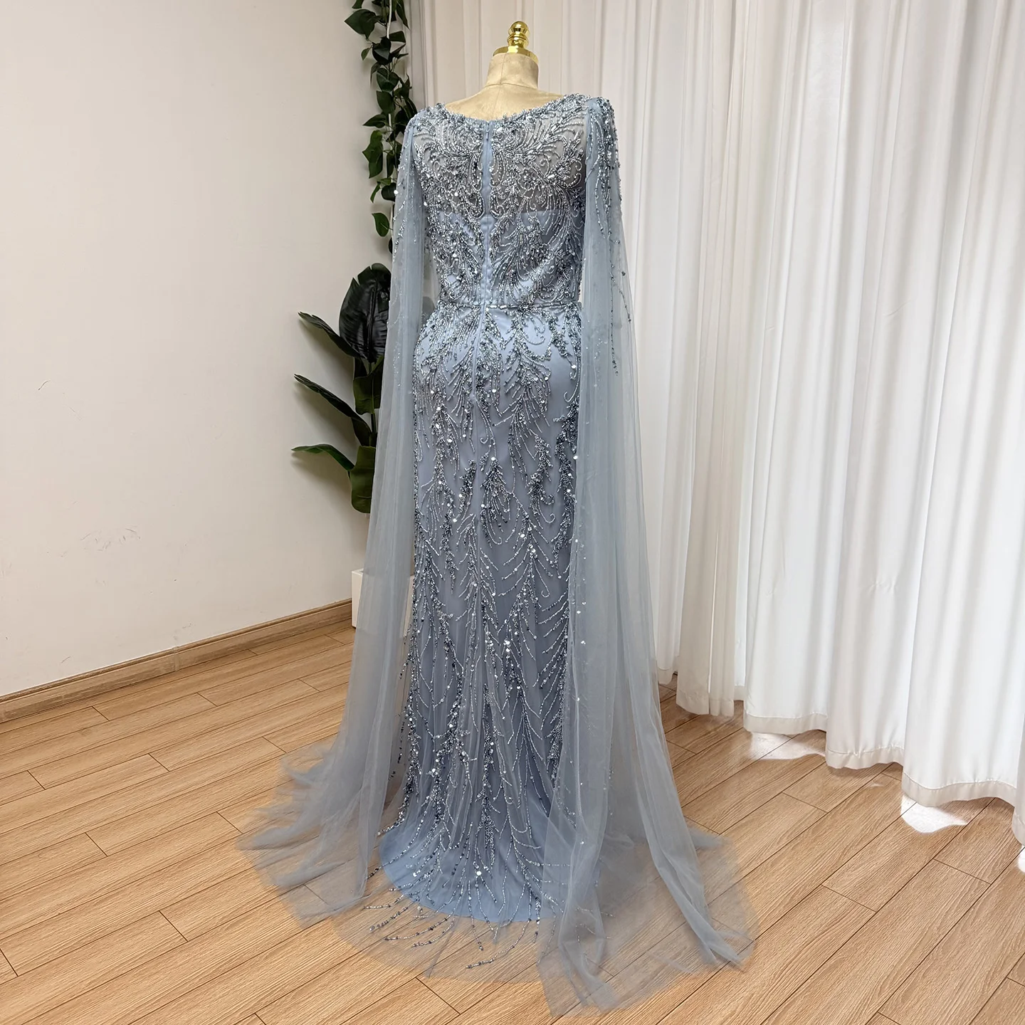 Eshaut&bridal Luxury Mermaid Evening Dress with Cape Sleeves for Women Elegant Beaded Formal Prom Wedding Party Gowns Customized