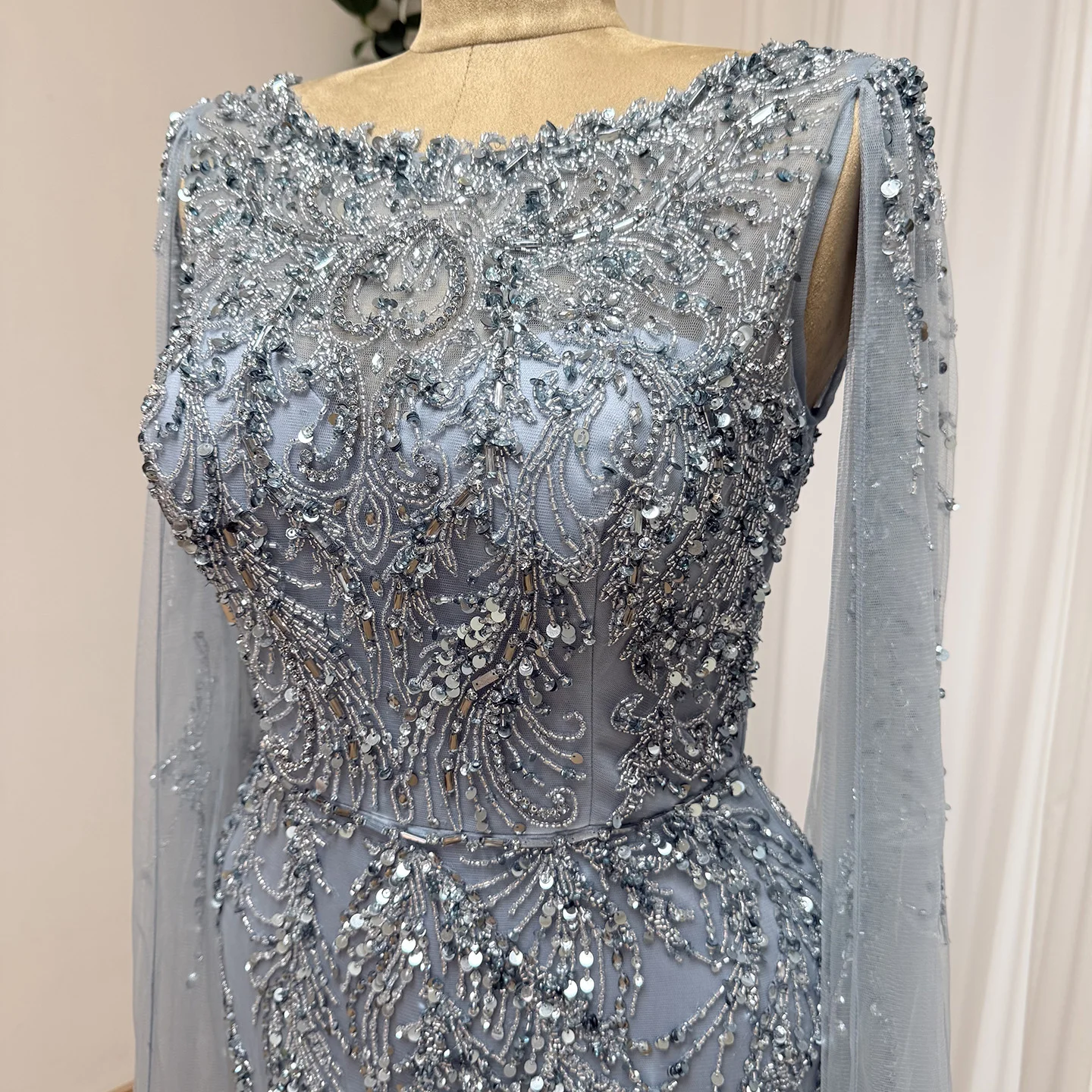 Eshaut&bridal Luxury Mermaid Evening Dress with Cape Sleeves for Women Elegant Beaded Formal Prom Wedding Party Gowns Customized