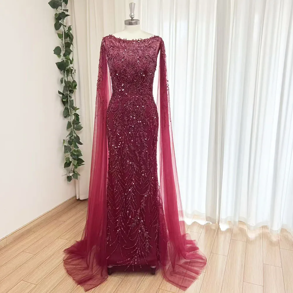 Eshaut&bridal Luxury Mermaid Evening Dress with Cape Sleeves for Women Elegant Beaded Formal Prom Wedding Party Gowns Customized