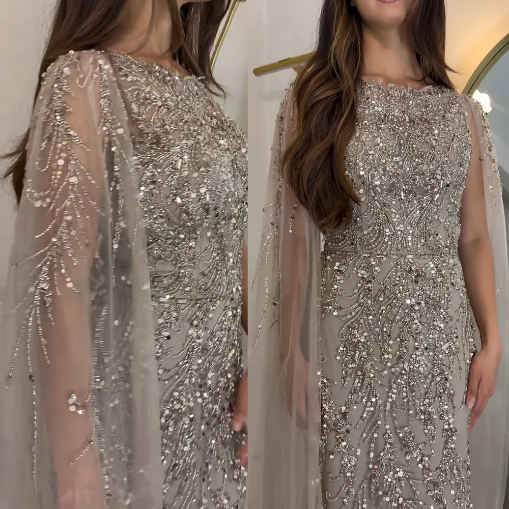 Eshaut&bridal Luxury Mermaid Evening Dress with Cape Sleeves for Women Elegant Beaded Formal Prom Wedding Party Gowns Customized
