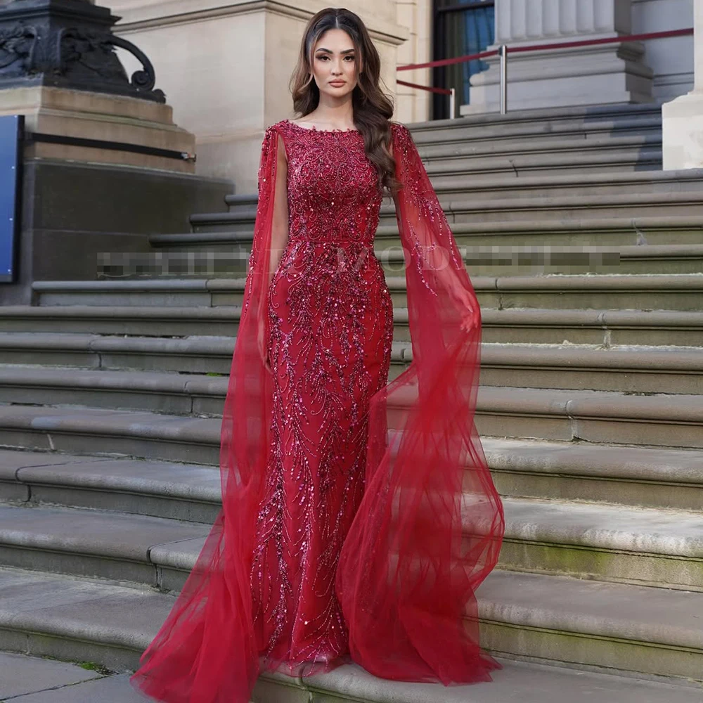 Eshaut&bridal Luxury Mermaid Evening Dress with Cape Sleeves for Women Elegant Beaded Formal Prom Wedding Party Gowns Customized