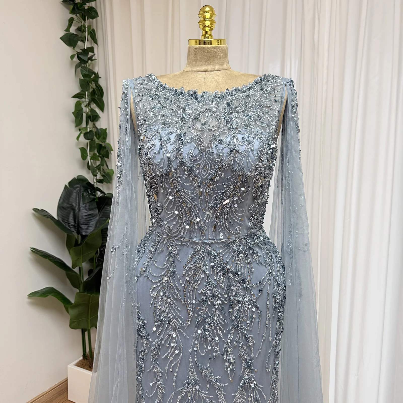 Eshaut&bridal Luxury Mermaid Evening Dress with Cape Sleeves for Women Elegant Beaded Formal Prom Wedding Party Gowns Customized