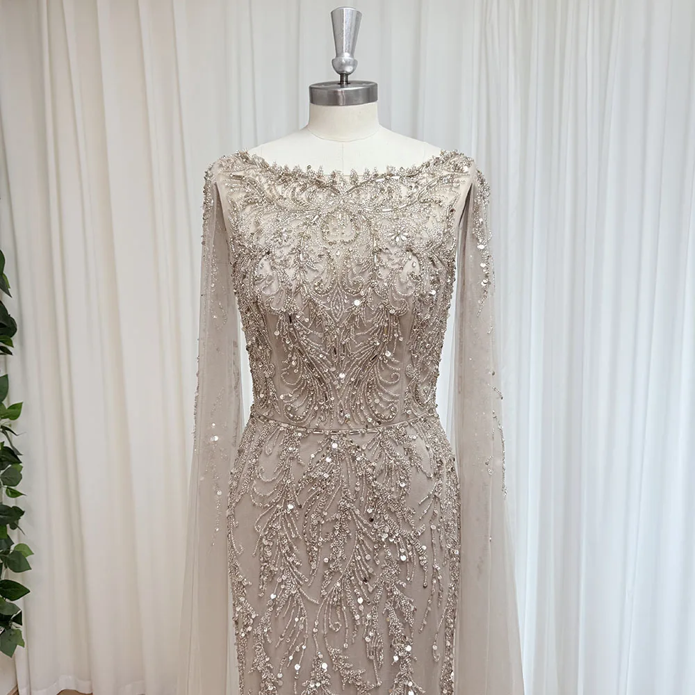 Eshaut&bridal Luxury Mermaid Evening Dress with Cape Sleeves for Women Elegant Beaded Formal Prom Wedding Party Gowns Customized