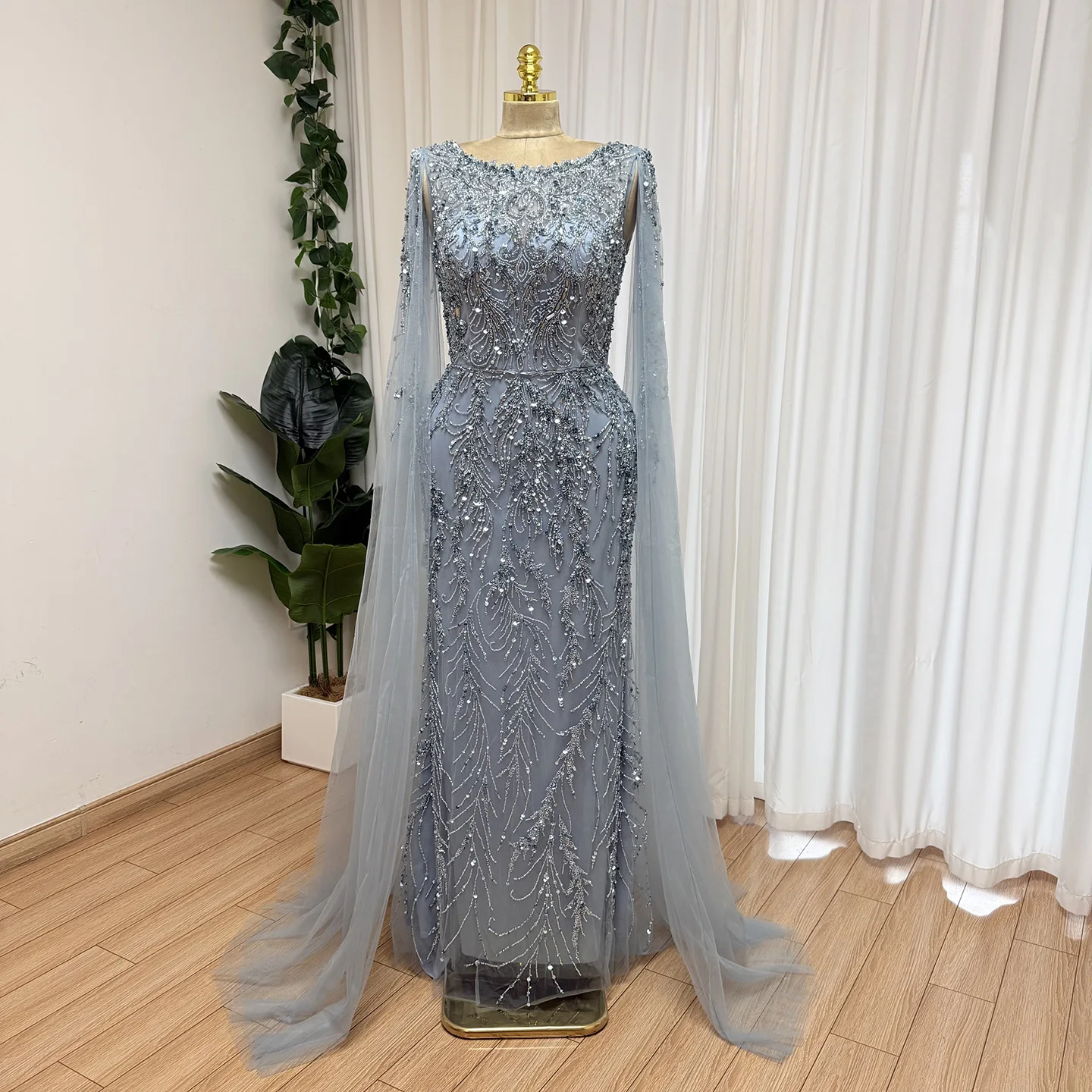 Eshaut&bridal Luxury Mermaid Evening Dress with Cape Sleeves for Women Elegant Beaded Formal Prom Wedding Party Gowns Customized