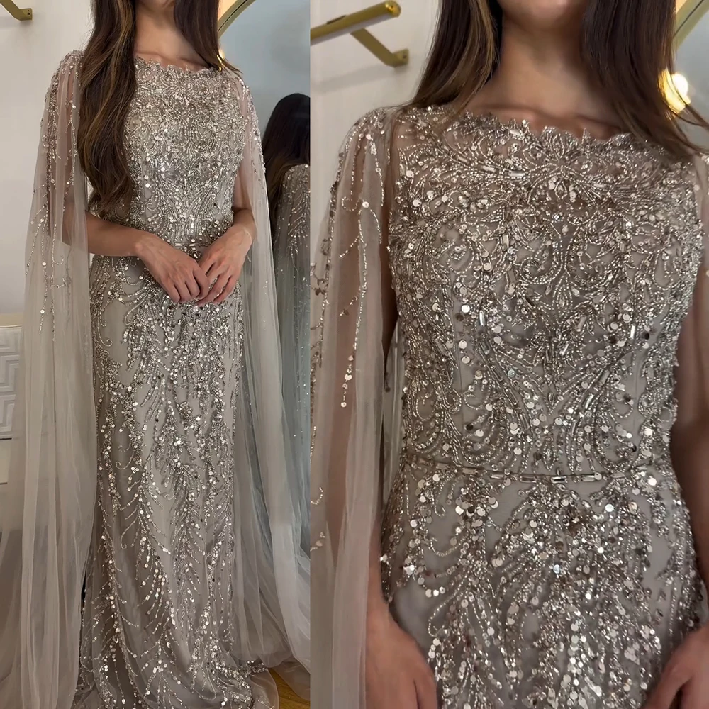 Eshaut&bridal Luxury Mermaid Evening Dress with Cape Sleeves for Women Elegant Beaded Formal Prom Wedding Party Gowns Customized