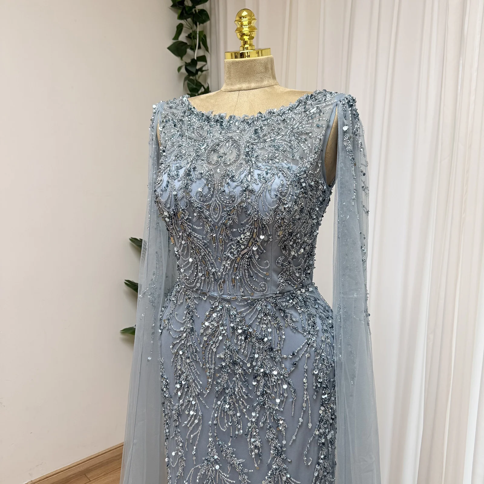 Eshaut&bridal Luxury Mermaid Evening Dress with Cape Sleeves for Women Elegant Beaded Formal Prom Wedding Party Gowns Customized