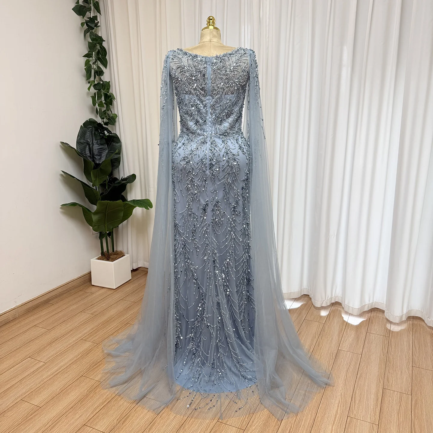 Eshaut&bridal Luxury Mermaid Evening Dress with Cape Sleeves for Women Elegant Beaded Formal Prom Wedding Party Gowns Customized