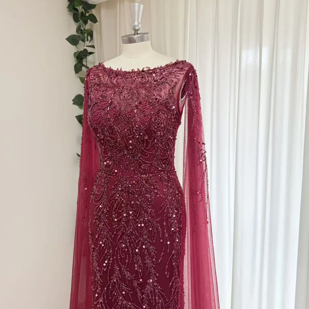 Eshaut&bridal Luxury Mermaid Evening Dress with Cape Sleeves for Women Elegant Beaded Formal Prom Wedding Party Gowns Customized