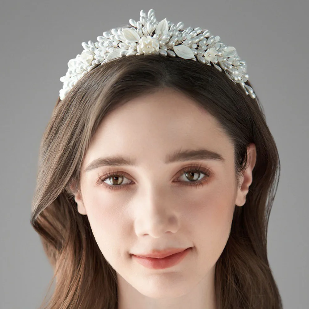SLBRIDAL Handmade Ins Luxury Rhinestones Crystal Soft Clay Flowers Pearls Bridal Tiara Wedding Crown Women Girls Hair Jewelry