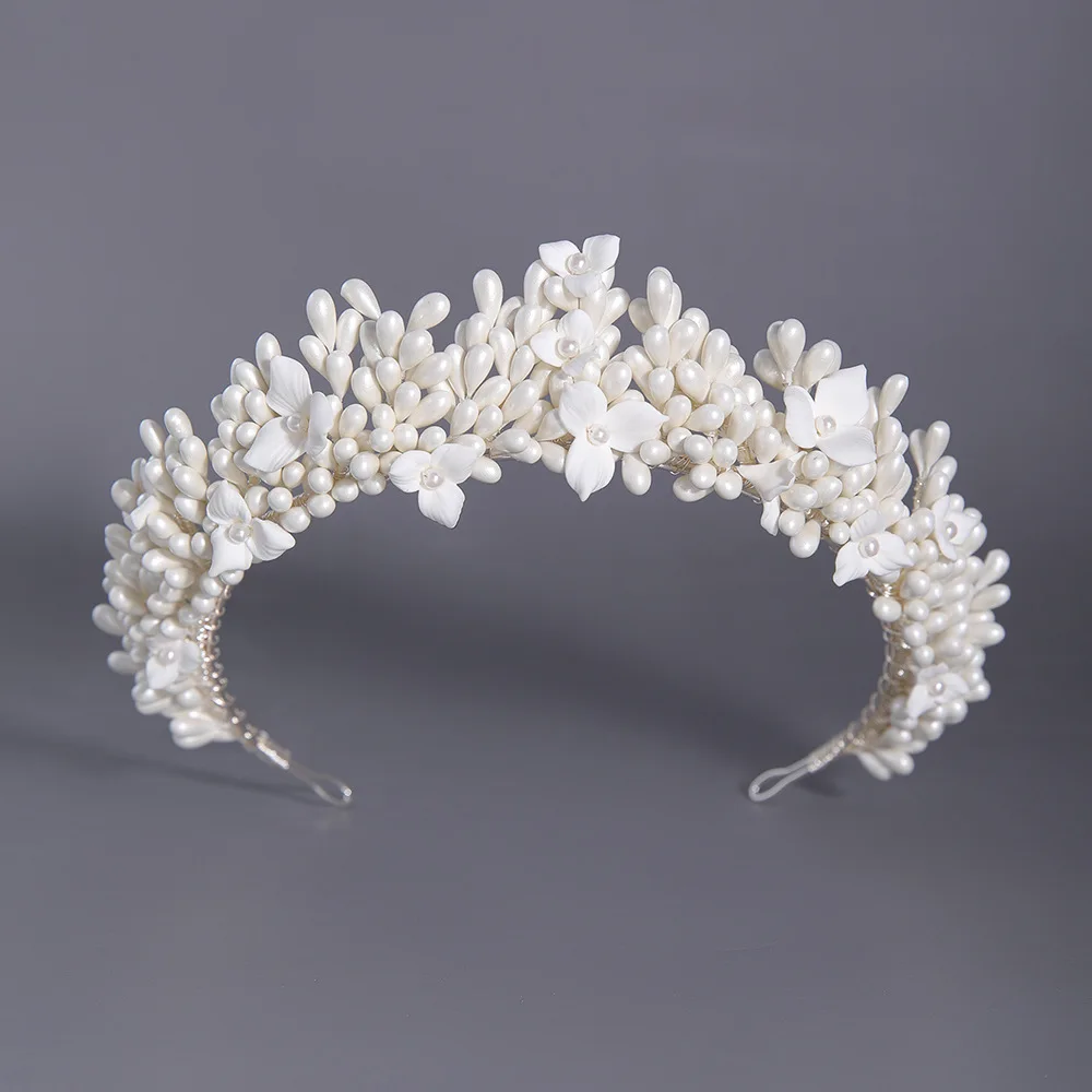 SLBRIDAL Handmade Ins Luxury Rhinestones Crystal Soft Clay Flowers Pearls Bridal Tiara Wedding Crown Women Girls Hair Jewelry