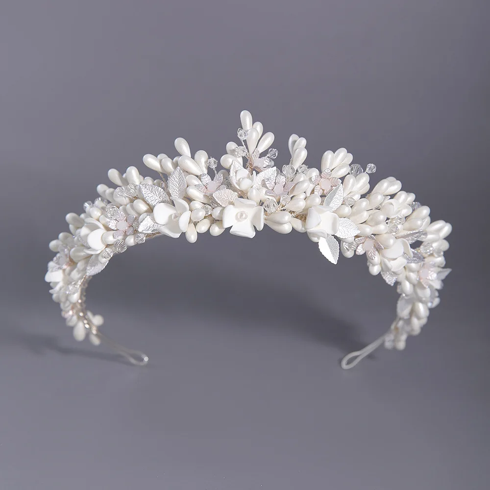 SLBRIDAL Handmade Ins Luxury Rhinestones Crystal Soft Clay Flowers Pearls Bridal Tiara Wedding Crown Women Girls Hair Jewelry