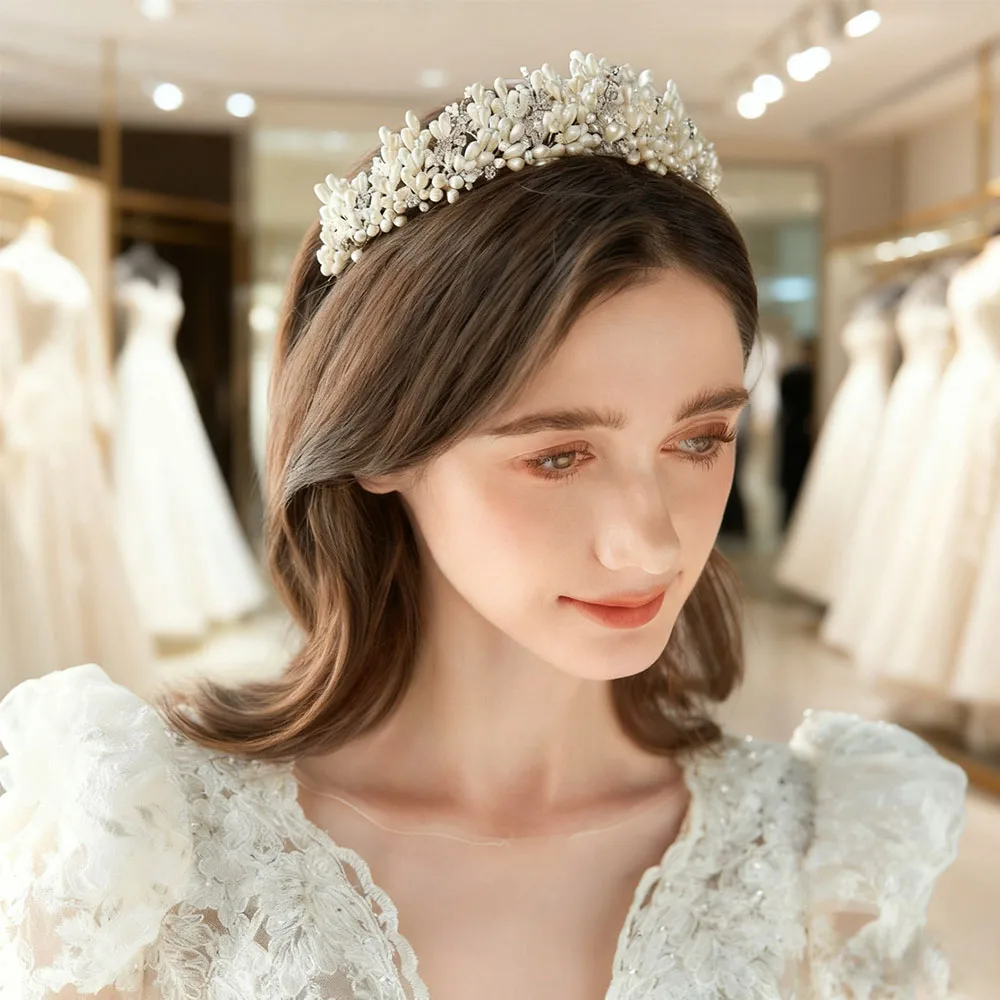 SLBRIDAL Handmade Ins Luxury Rhinestones Crystal Soft Clay Flowers Pearls Bridal Tiara Wedding Crown Women Girls Hair Jewelry