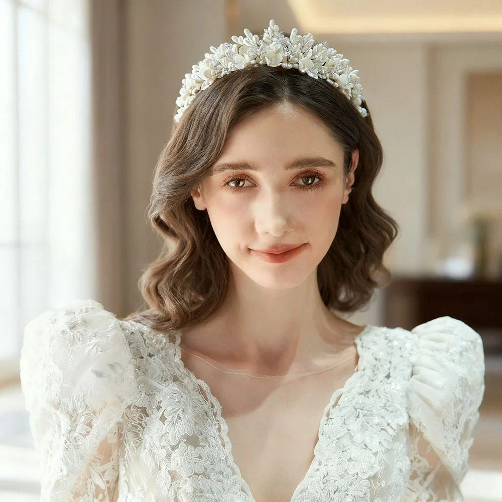 SLBRIDAL Handmade Ins Luxury Rhinestones Crystal Soft Clay Flowers Pearls Bridal Tiara Wedding Crown Women Girls Hair Jewelry