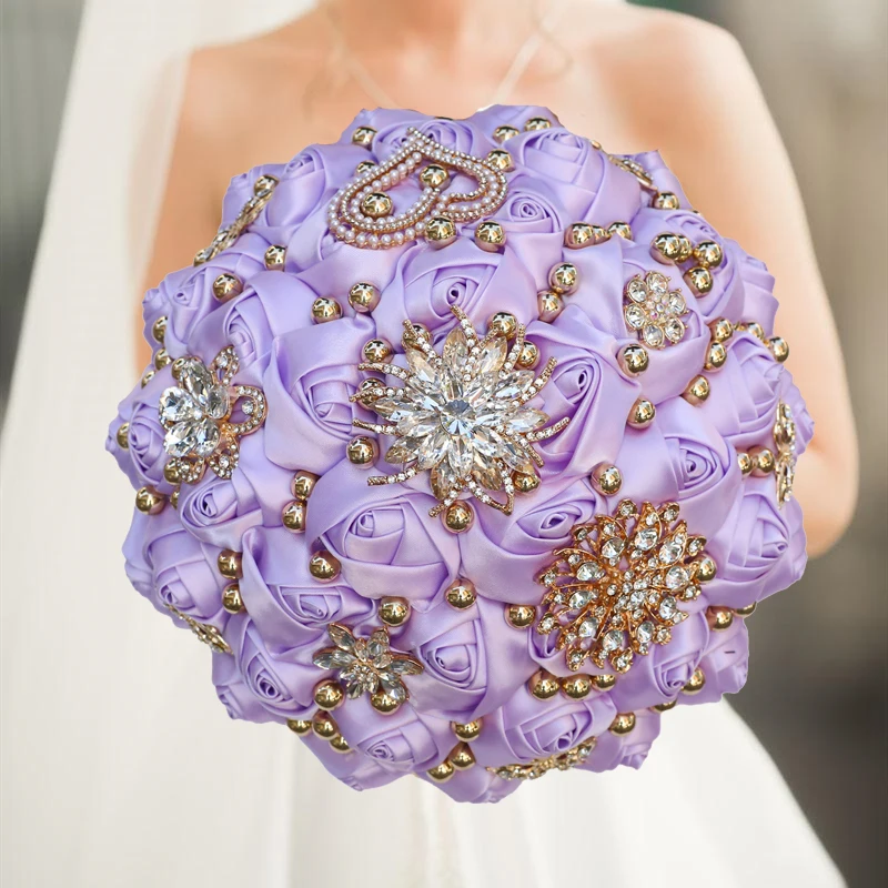 Customized Wedding Bouquet Bride Bridesmaid Leather Pink Crystal Silk Artificial Rose Handmade Wedding Props