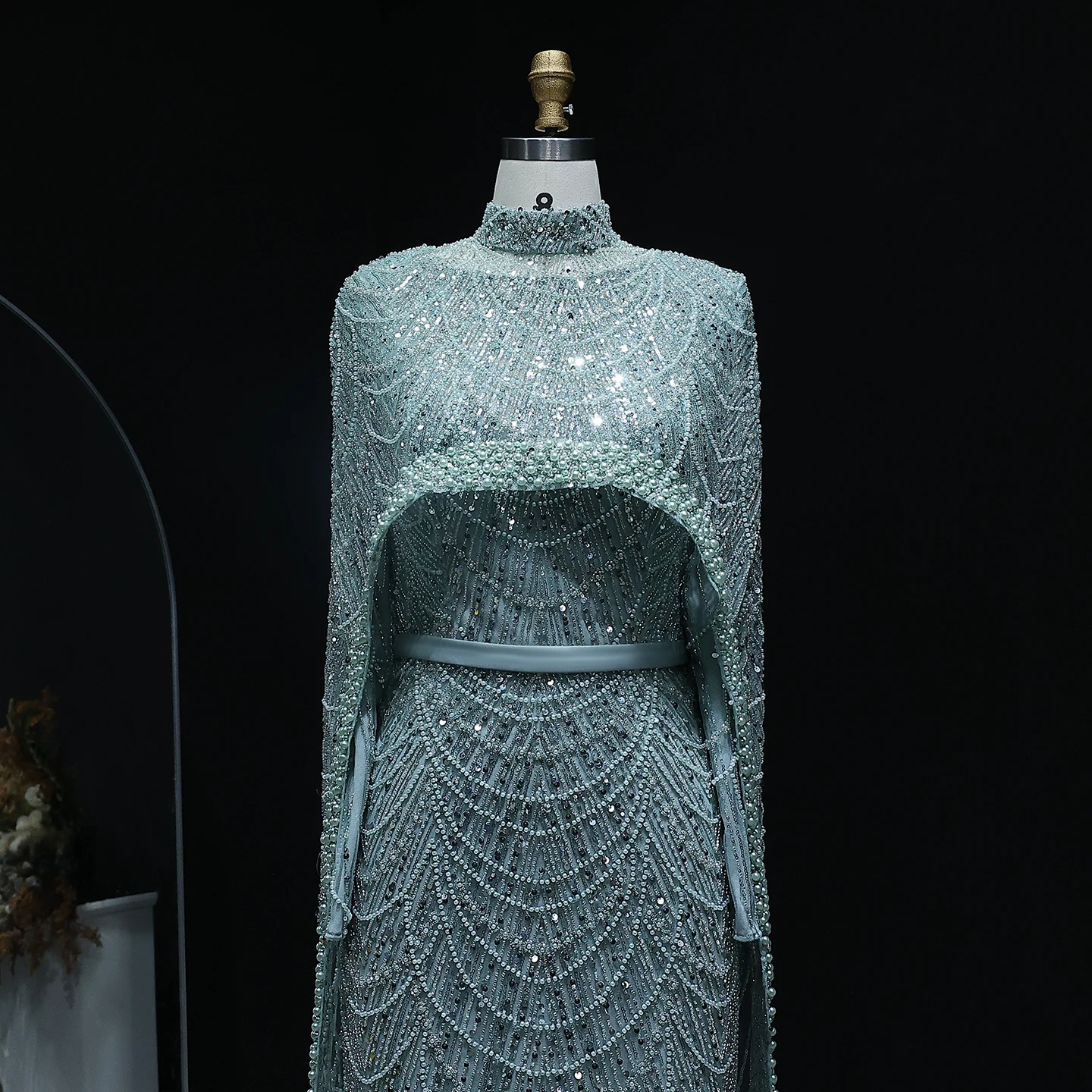 Sharon Said Dubai Nude Luxury Long Sleeves Muslim Evening Dress with Cape Women Wedding Special Occasion Gowns SS369A Customized