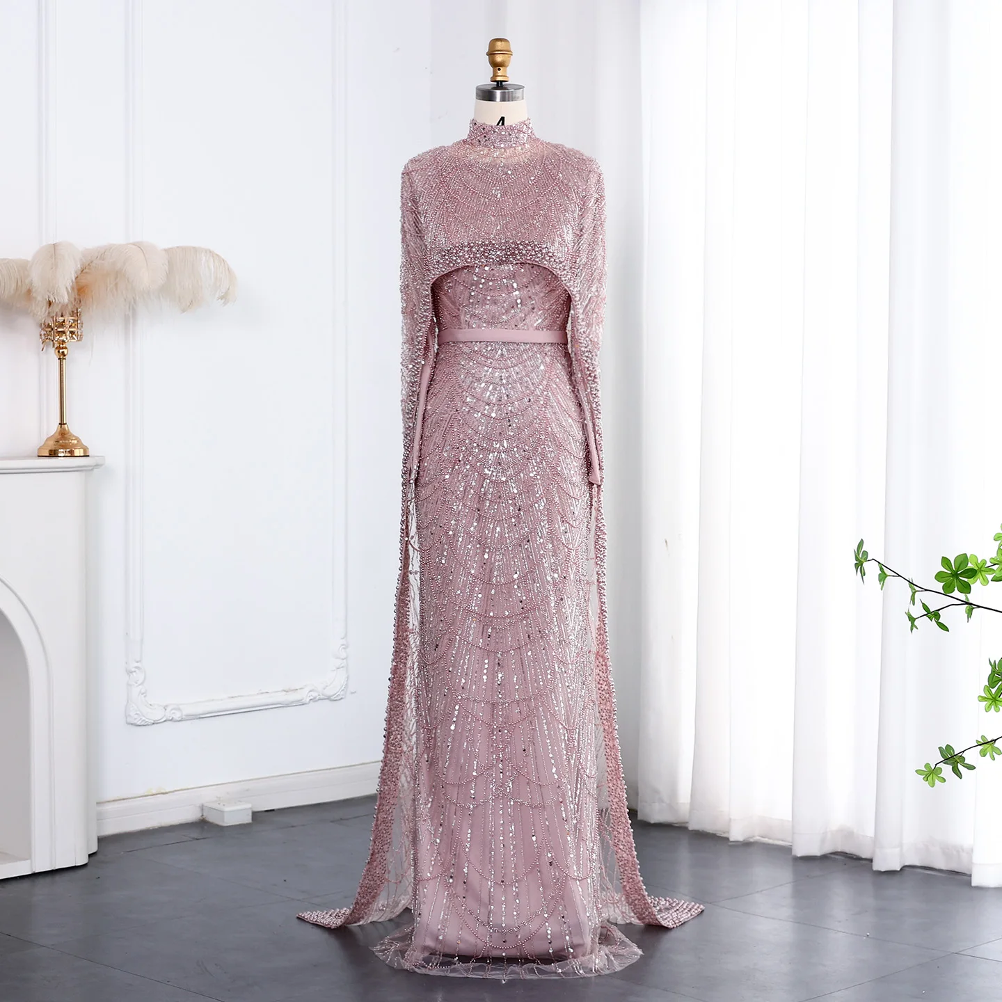 Sharon Said Dubai Nude Luxury Long Sleeves Muslim Evening Dress with Cape Women Wedding Special Occasion Gowns SS369A Customized