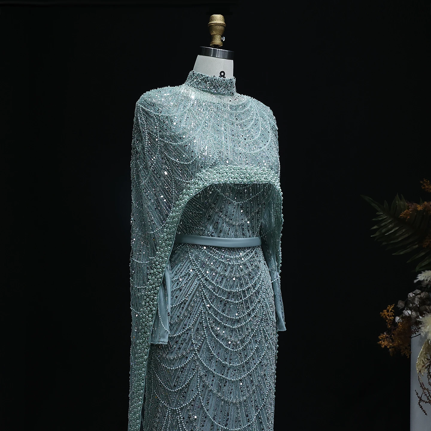 Sharon Said Dubai Nude Luxury Long Sleeves Muslim Evening Dress with Cape Women Wedding Special Occasion Gowns SS369A Customized
