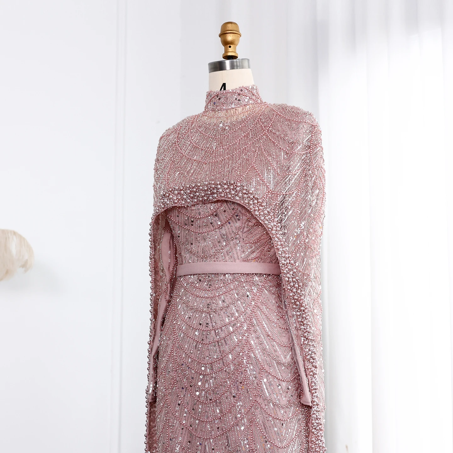 Sharon Said Dubai Nude Luxury Long Sleeves Muslim Evening Dress with Cape Women Wedding Special Occasion Gowns SS369A Customized