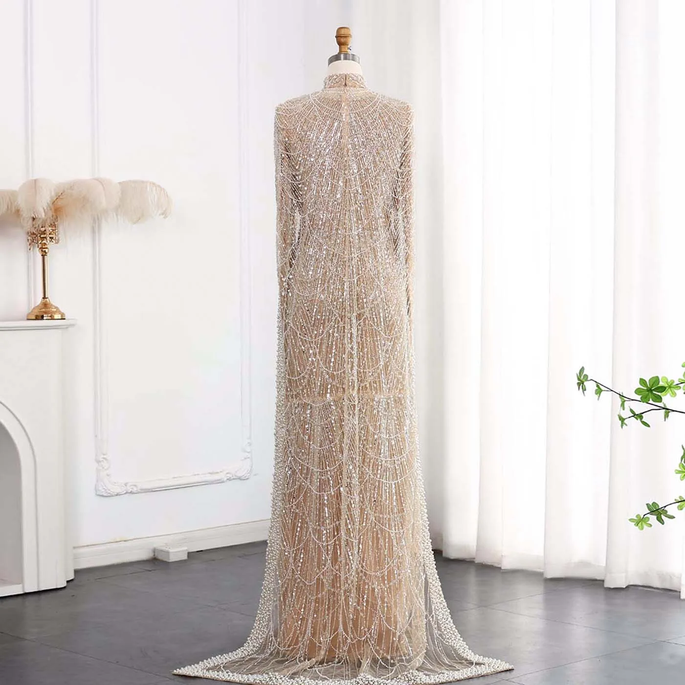 Sharon Said Dubai Nude Luxury Long Sleeves Muslim Evening Dress with Cape Women Wedding Special Occasion Gowns SS369A Customized
