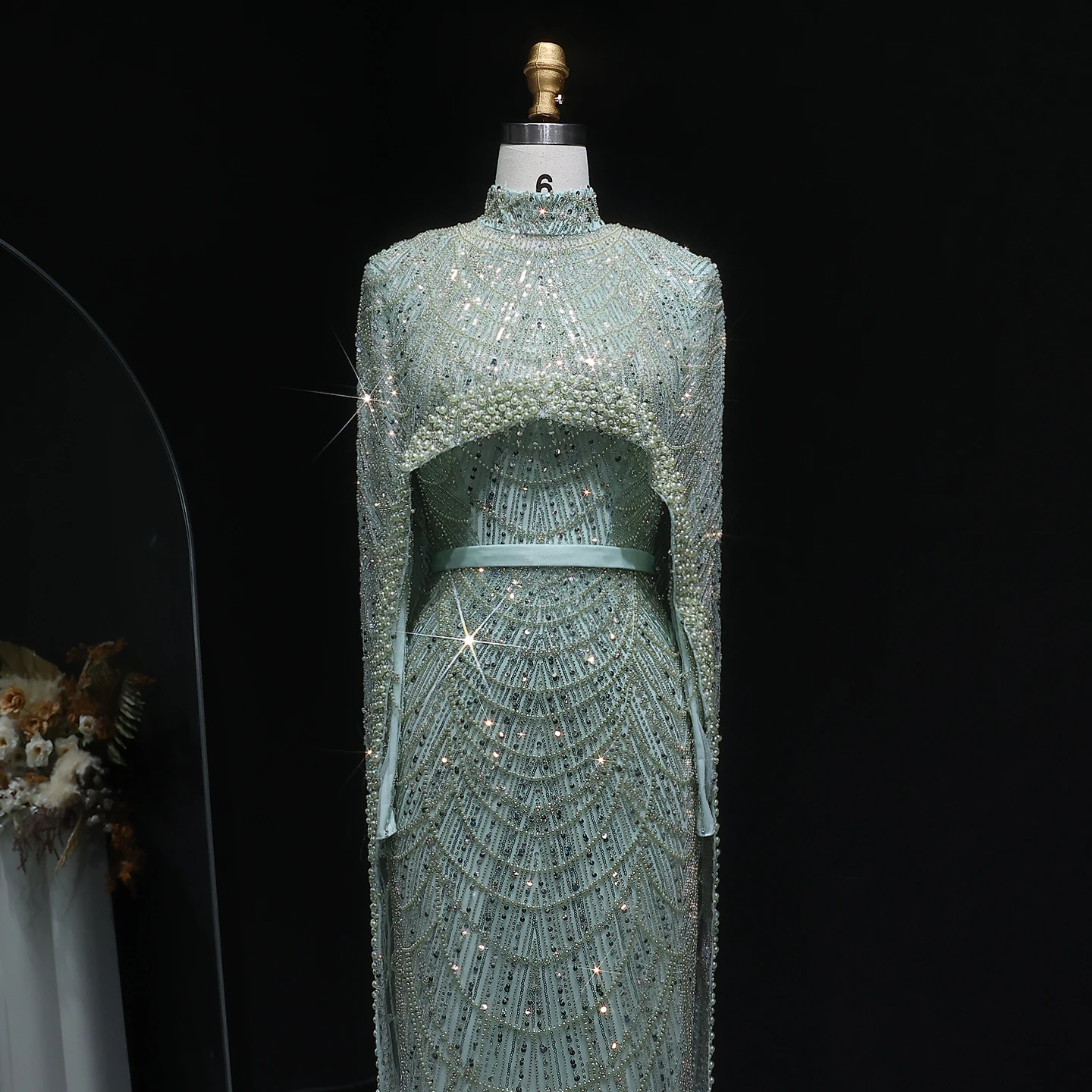 Sharon Said Dubai Nude Luxury Long Sleeves Muslim Evening Dress with Cape Women Wedding Special Occasion Gowns SS369A Customized