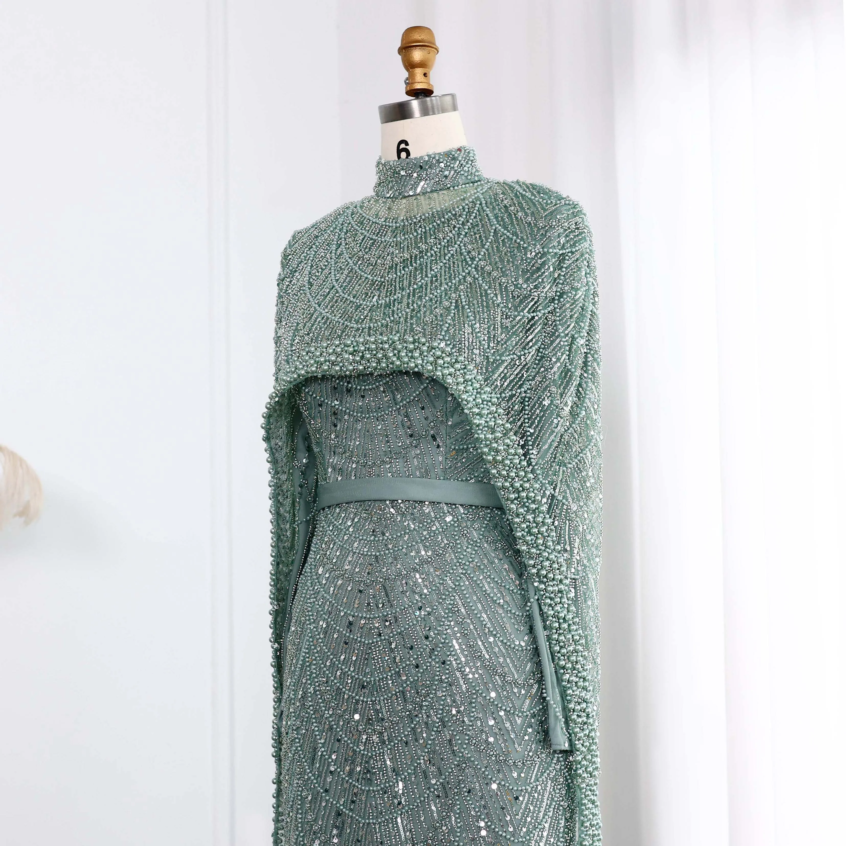 Sharon Said Dubai Nude Luxury Long Sleeves Muslim Evening Dress with Cape Women Wedding Special Occasion Gowns SS369A Customized