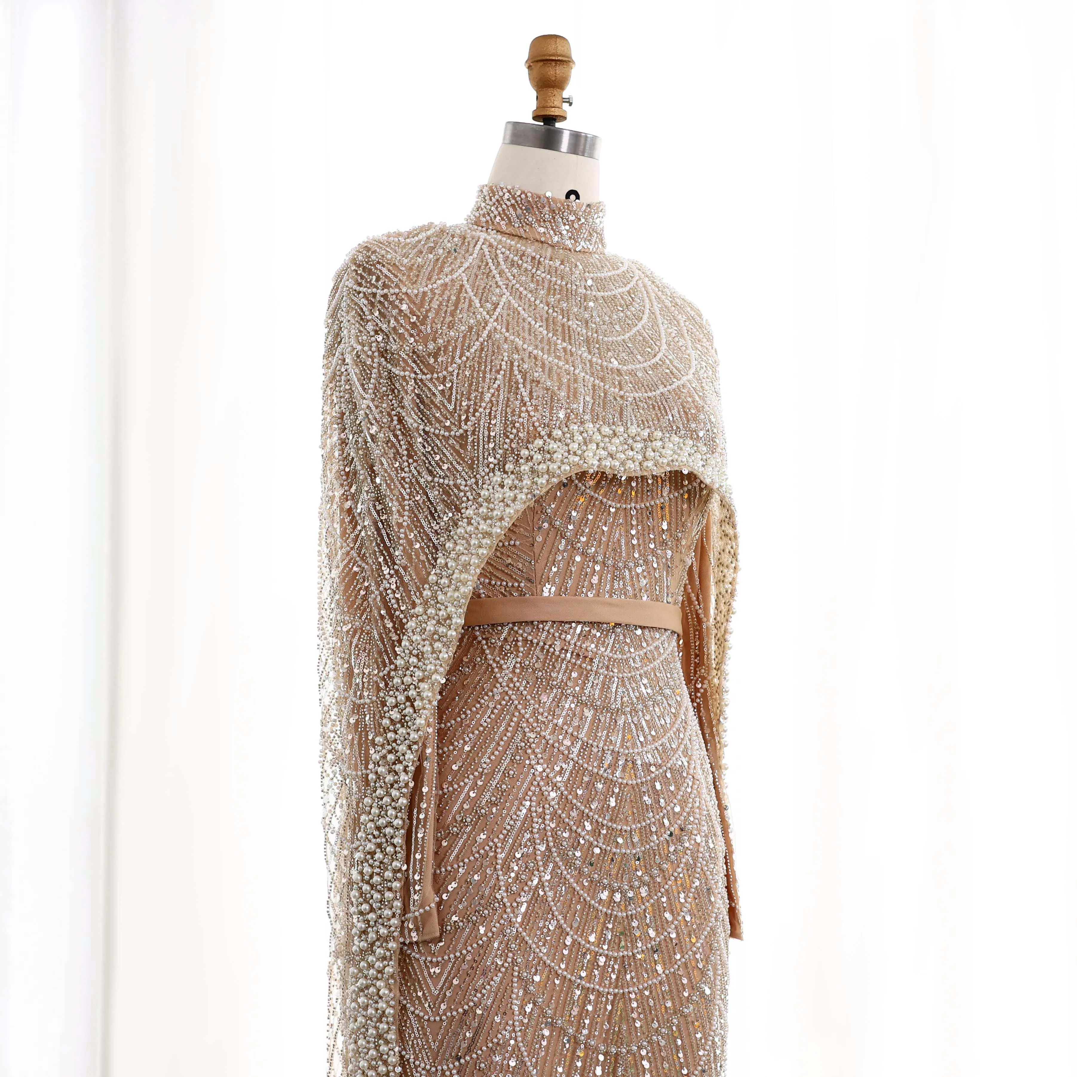 Sharon Said Dubai Nude Luxury Long Sleeves Muslim Evening Dress with Cape Women Wedding Special Occasion Gowns SS369A Customized