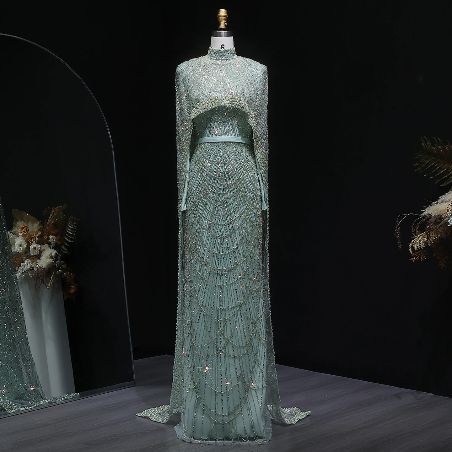 Sharon Said Dubai Nude Luxury Long Sleeves Muslim Evening Dress with Cape Women Wedding Special Occasion Gowns SS369A Customized