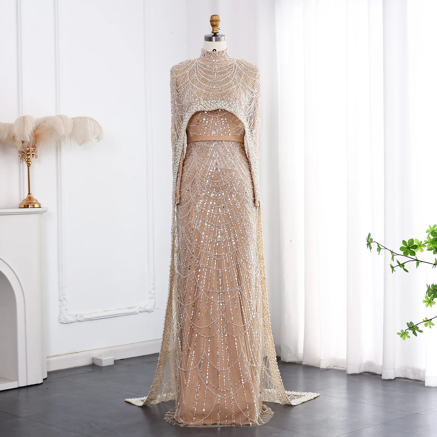 Sharon Said Dubai Nude Luxury Long Sleeves Muslim Evening Dress with Cape Women Wedding Special Occasion Gowns SS369A Customized