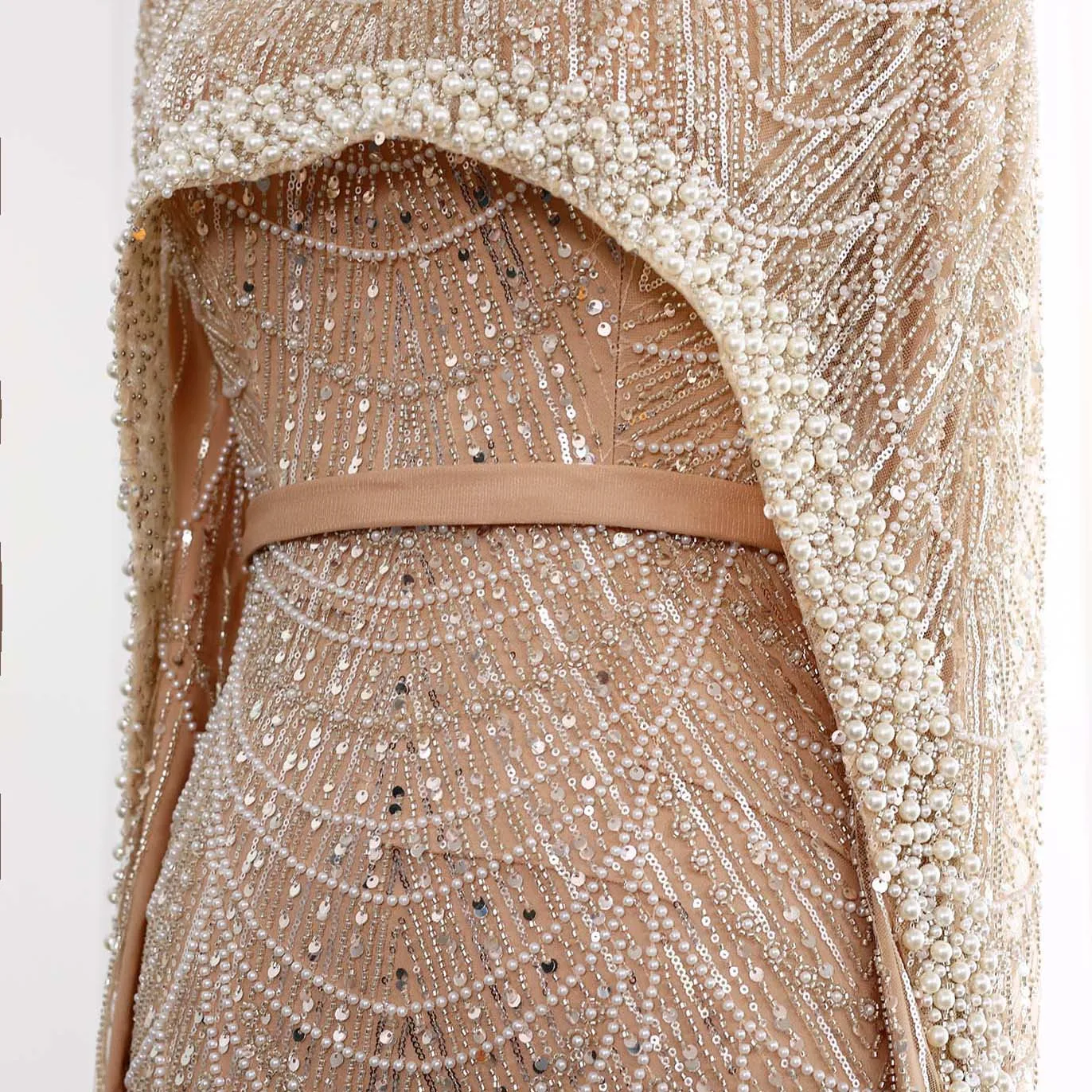 Sharon Said Dubai Nude Luxury Long Sleeves Muslim Evening Dress with Cape Women Wedding Special Occasion Gowns SS369A Customized