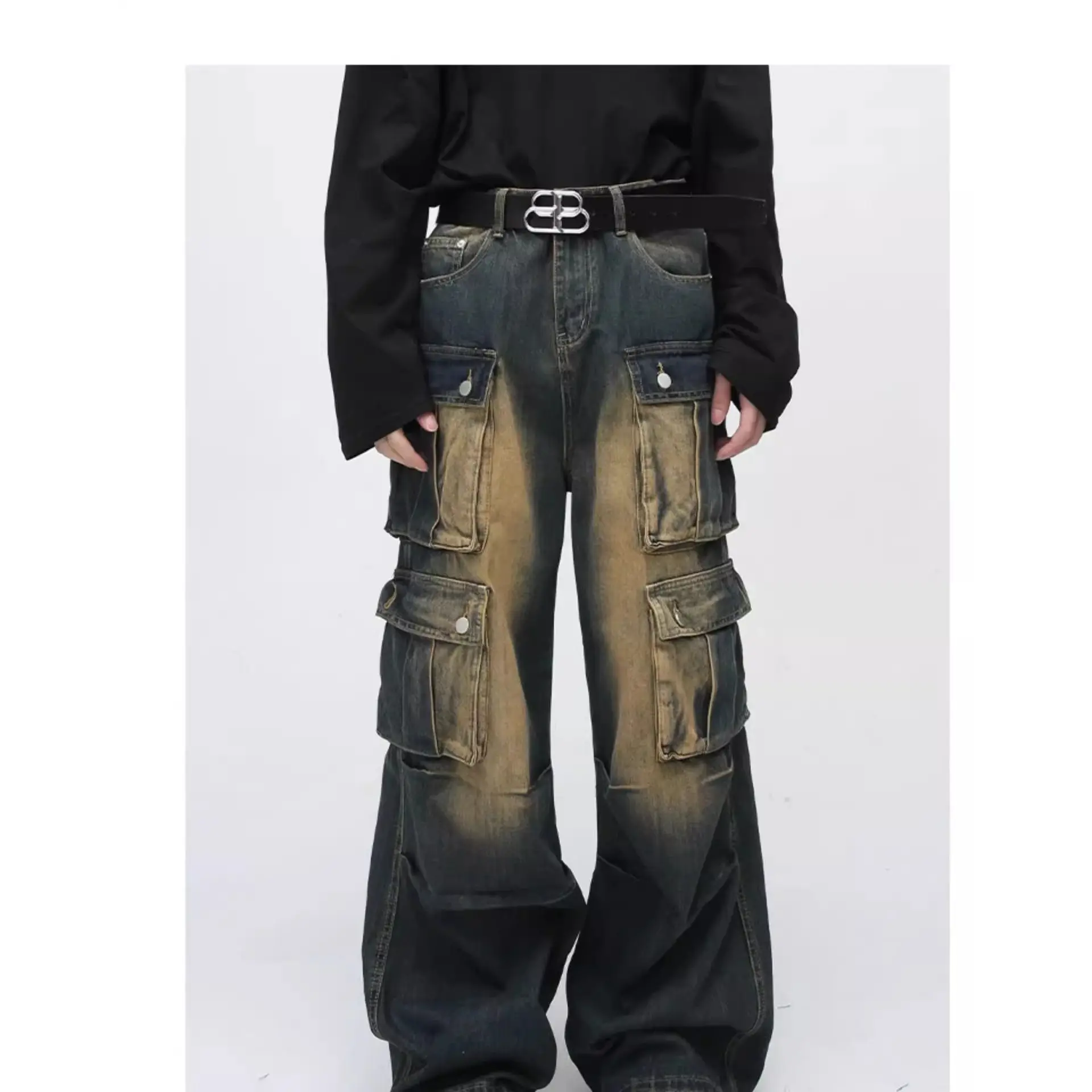 Y2K Street Men Baggy Cargo Jeans Vintage Acid Wash Wide Leg Denim Pants Multi Flap Pockets Grunge Workwear Loose Trousers