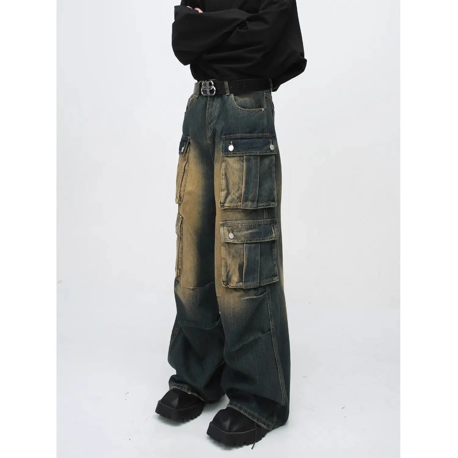 Y2K Street Men Baggy Cargo Jeans Vintage Acid Wash Wide Leg Denim Pants Multi Flap Pockets Grunge Workwear Loose Trousers