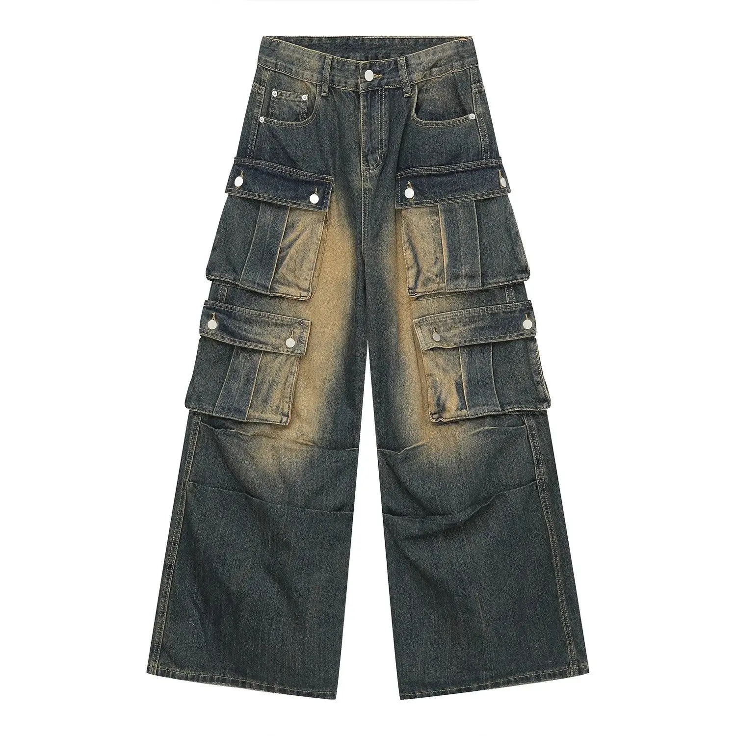 Y2K Street Men Baggy Cargo Jeans Vintage Acid Wash Wide Leg Denim Pants Multi Flap Pockets Grunge Workwear Loose Trousers