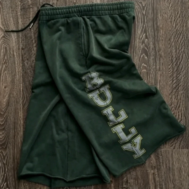 Y2K Bully Green Casual Captcha Men Vintage Letter Reflective Printed Loose Sweatshorts American Streetwear Unisex Bermuda Shorts