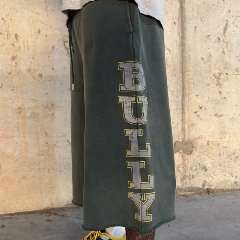 Y2K Bully Green Casual Captcha Men Vintage Letter Reflective Printed Loose Sweatshorts American Streetwear Unisex Bermuda Shorts
