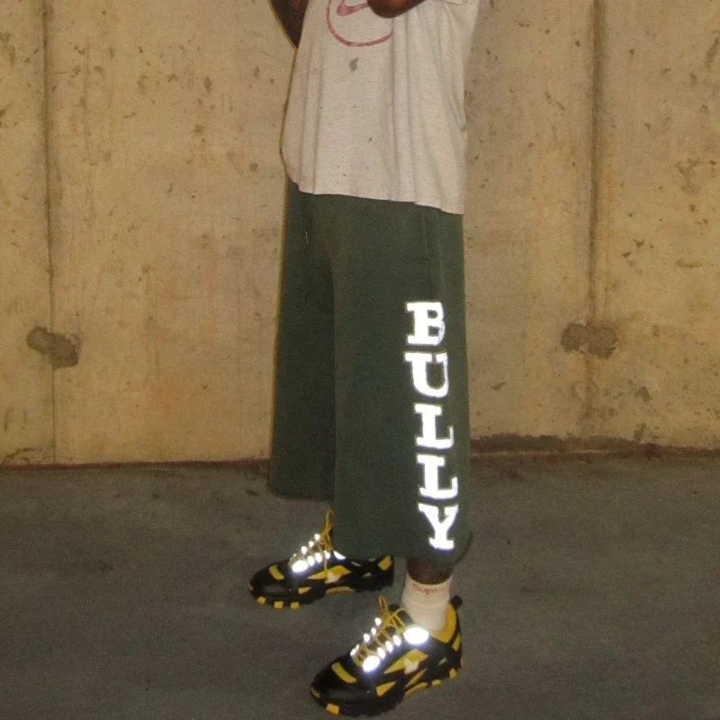 Y2K Bully Green Casual Captcha Men Vintage Letter Reflective Printed Loose Sweatshorts American Streetwear Unisex Bermuda Shorts