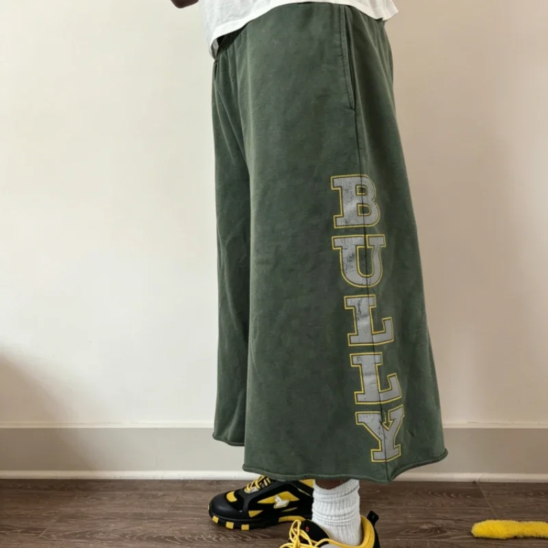 Y2K Bully Green Casual Captcha Men Vintage Letter Reflective Printed Loose Sweatshorts American Streetwear Unisex Bermuda Shorts