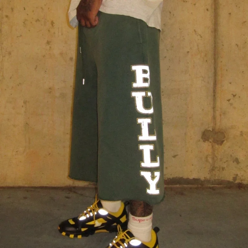 Y2K Bully Green Casual Captcha Men Vintage Letter Reflective Printed Loose Sweatshorts American Streetwear Unisex Bermuda Shorts