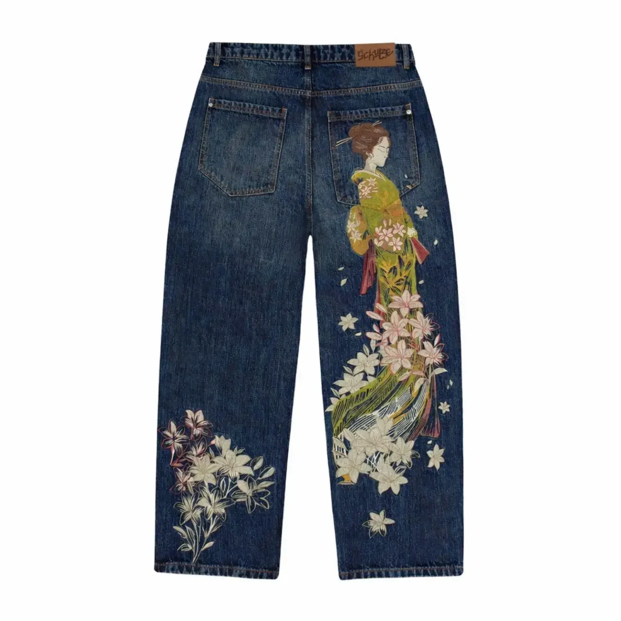Art Harajuku Embroidered Japanese Baggy Denim Jeans Streetwear Y2k Jean Women High Waist Wide Trouser Skateboard Pants