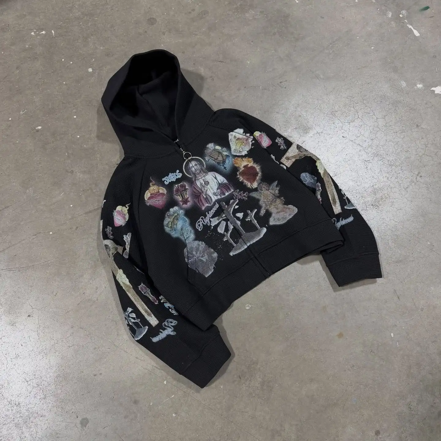 Trendy Y2K Mens Street Black Zip Up Hoodie Unisex with Religious Pattern Multi Element Print for Niche Youth Express Personality