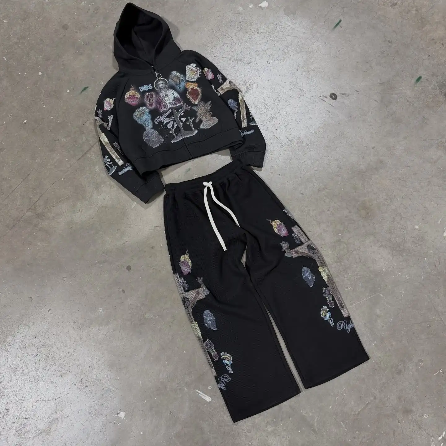 Trendy Y2K Mens Street Black Zip Up Hoodie Unisex with Religious Pattern Multi Element Print for Niche Youth Express Personality