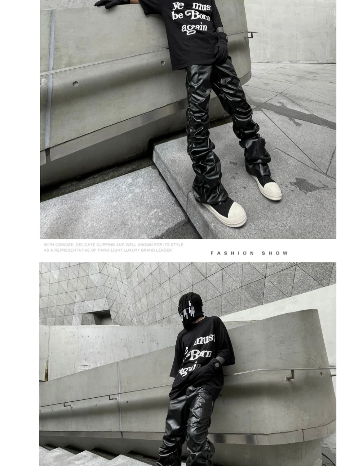 Dark punk hip-hop pleated niche loose slimming stacked glossy PU leather trousers for men and women