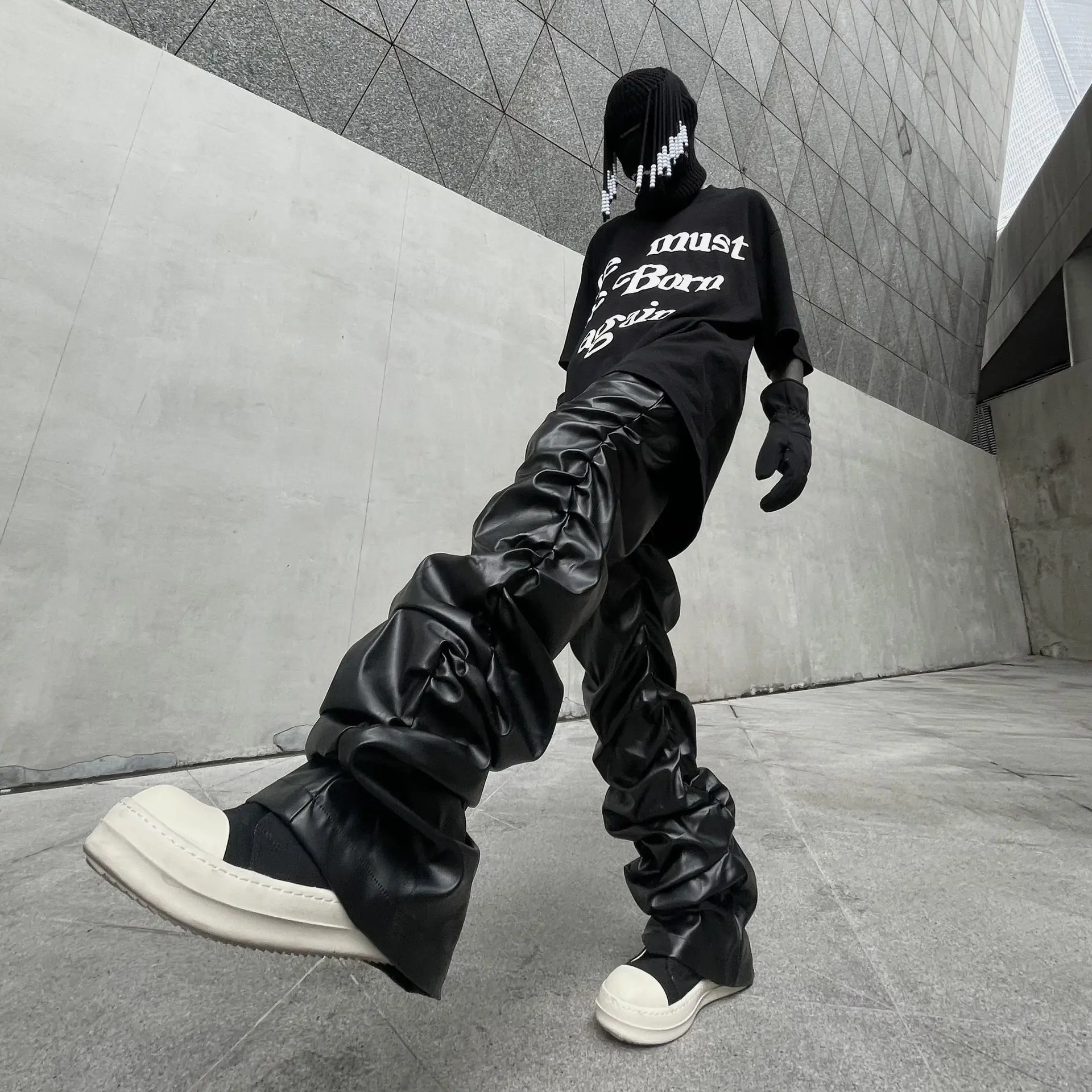 Dark punk hip-hop pleated niche loose slimming stacked glossy PU leather trousers for men and women