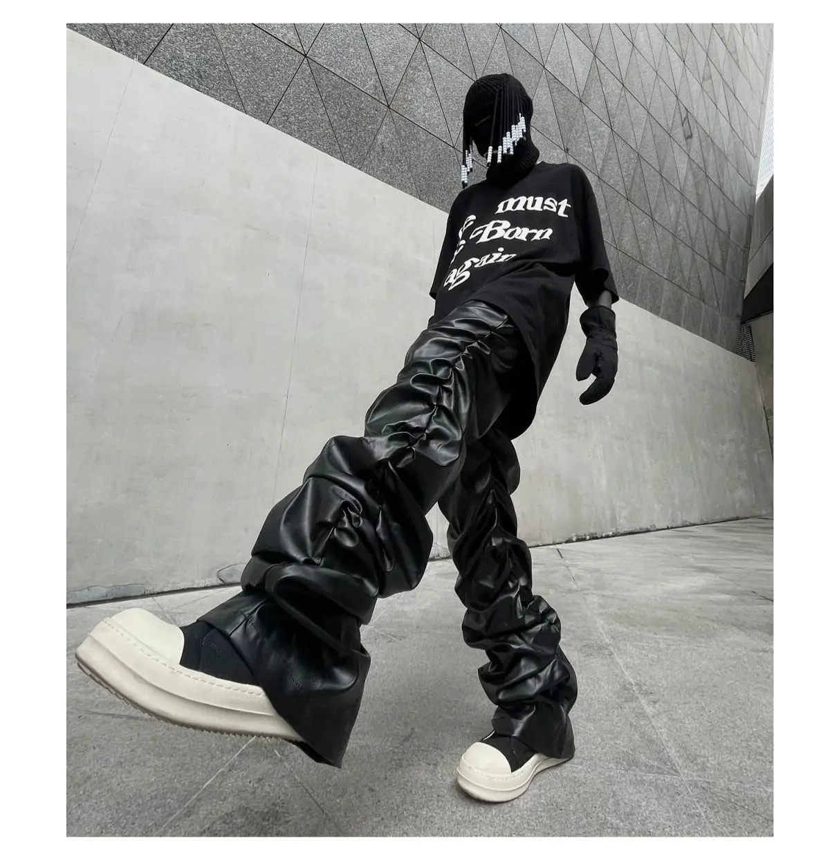 Dark punk hip-hop pleated niche loose slimming stacked glossy PU leather trousers for men and women