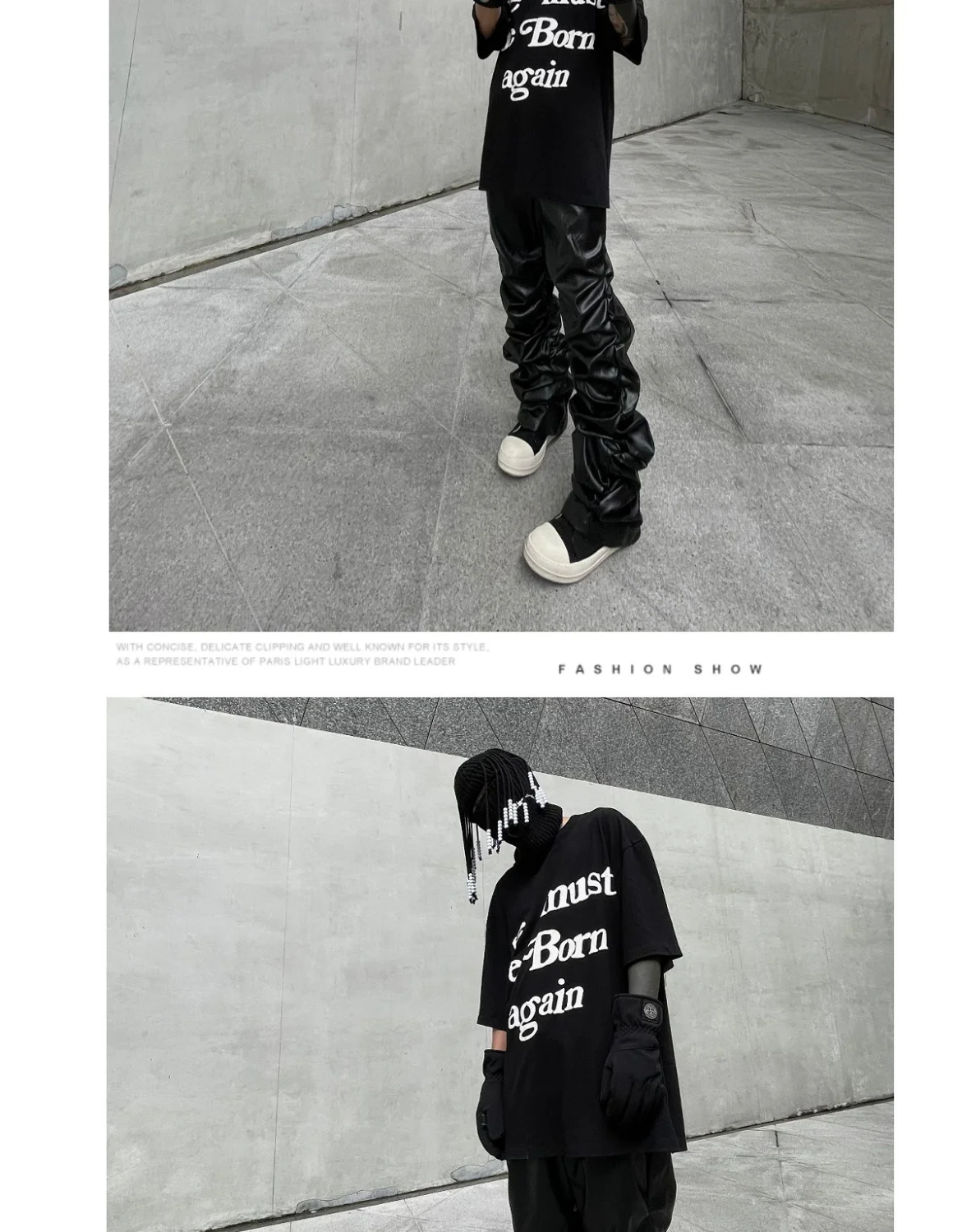 Dark punk hip-hop pleated niche loose slimming stacked glossy PU leather trousers for men and women