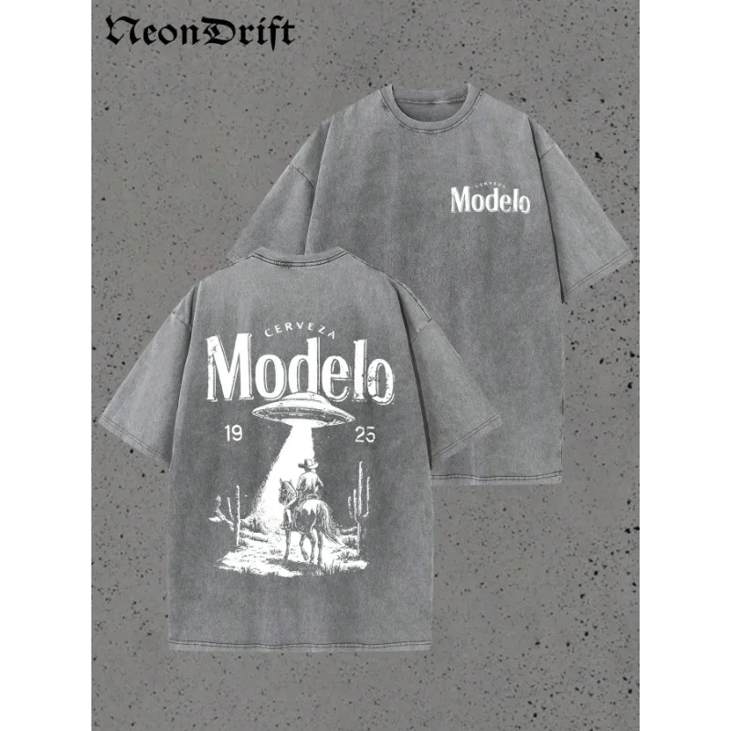 Retro Modelo 1925 Cerveza T Shirt Men Washed Cotton Oversized UFO Cowboy Graphic Tee Casual Streetwear Summer Short Sleeve