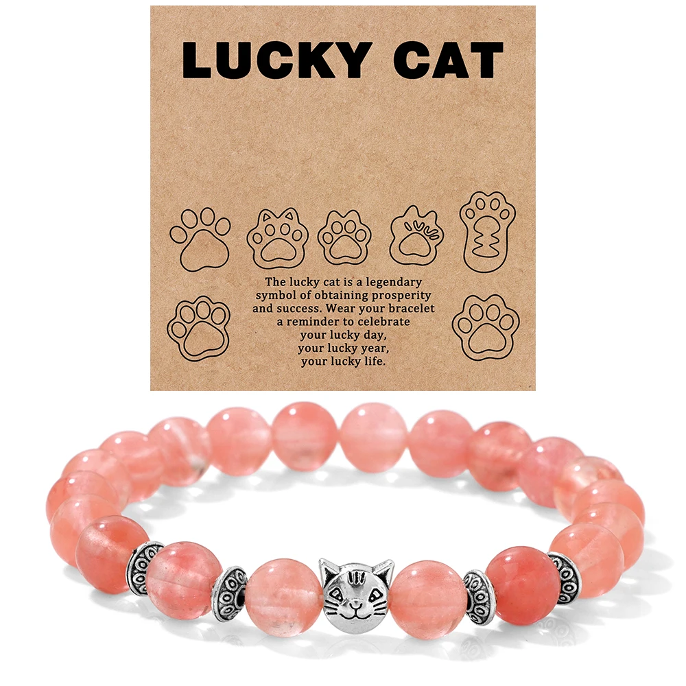 Natural Stone Citrines Beaded Bracelet Lucky Cat Head Charm Fluorite Moss Agates Bracelets for Women Men Cute Handmade Jewelry
